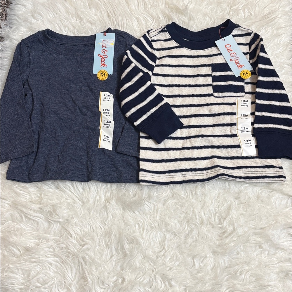 NWT Bundle Of 2 Cat & Jack Navy Blue Long Sleeve Shirts Boys Size 12M
